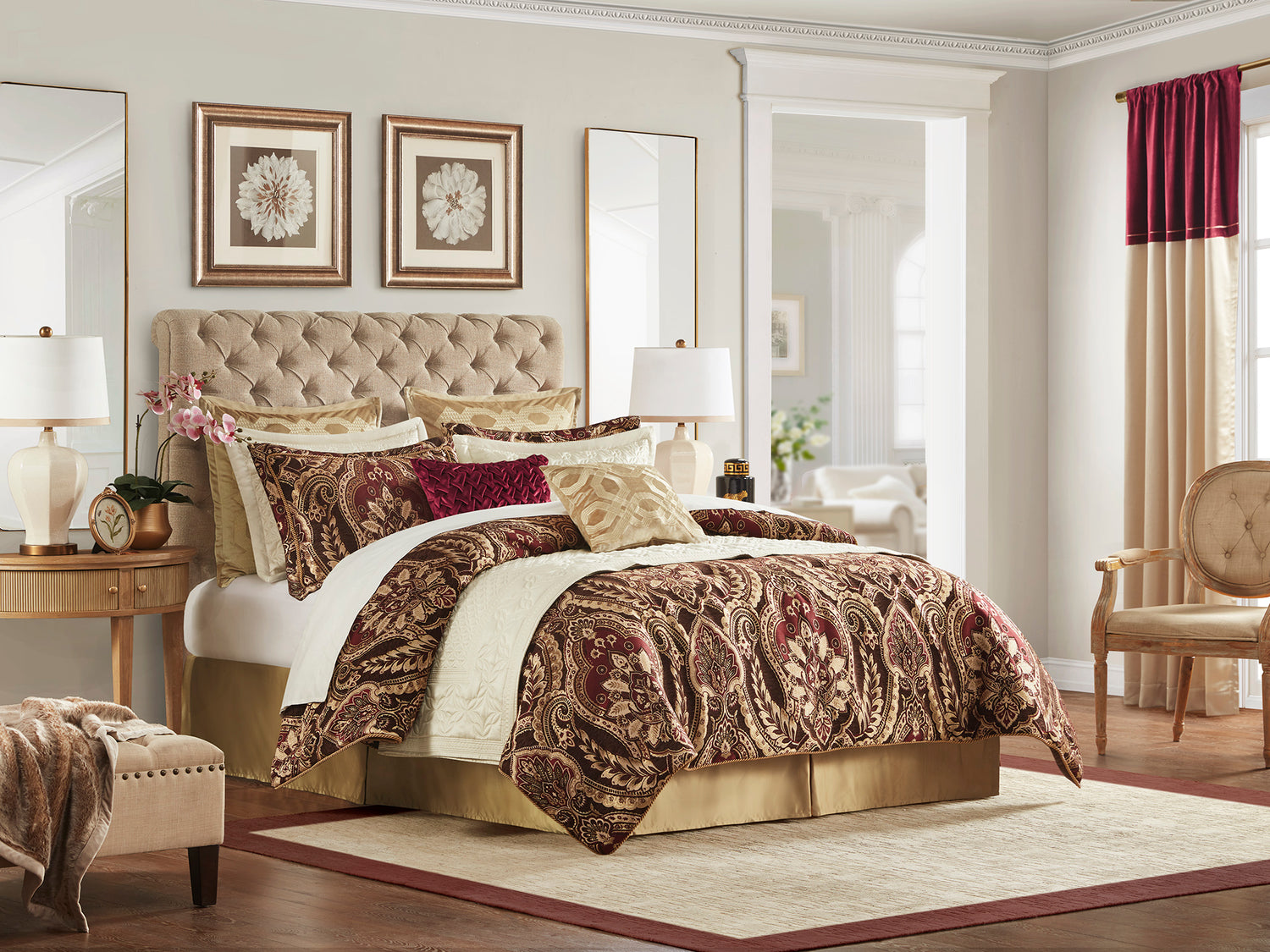Croscill Classics Collections - Julius Comforter Set with Versailles Quilt Set, Montague Euro Shams, Winchester Square Decor Pillows, Aumont Oblong Decor Pillows, and Vicenza Invertible Window Panels